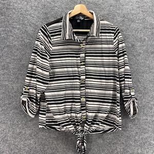 Lena Shirt Women L Large White Striped Button Up Collared 3/4 Sleeve Casual